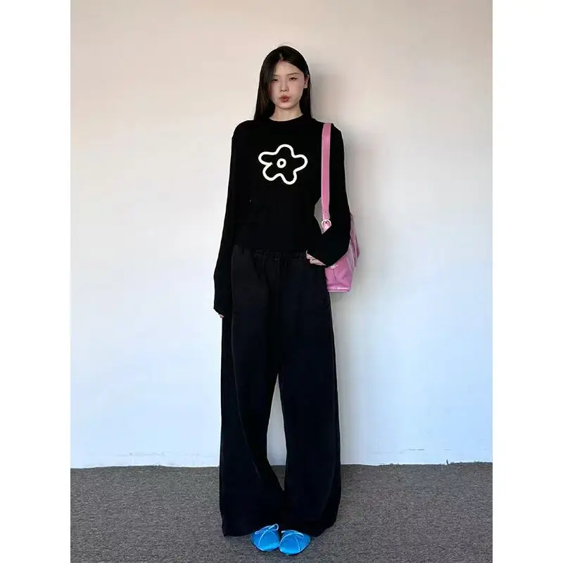 

Женская черная футболка с длинными рукавами, простой милый узор, женский повседневный тонкий тонкий пуловер, топы