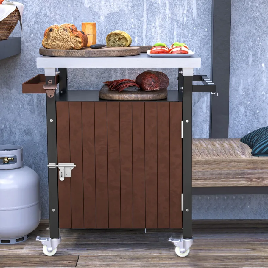 

Outdoor Grill Cart with Stainless Steel Tabletop Storage Patio Kitchen Island with Wheels Hooks and Spice Rack Waterproof Outdo