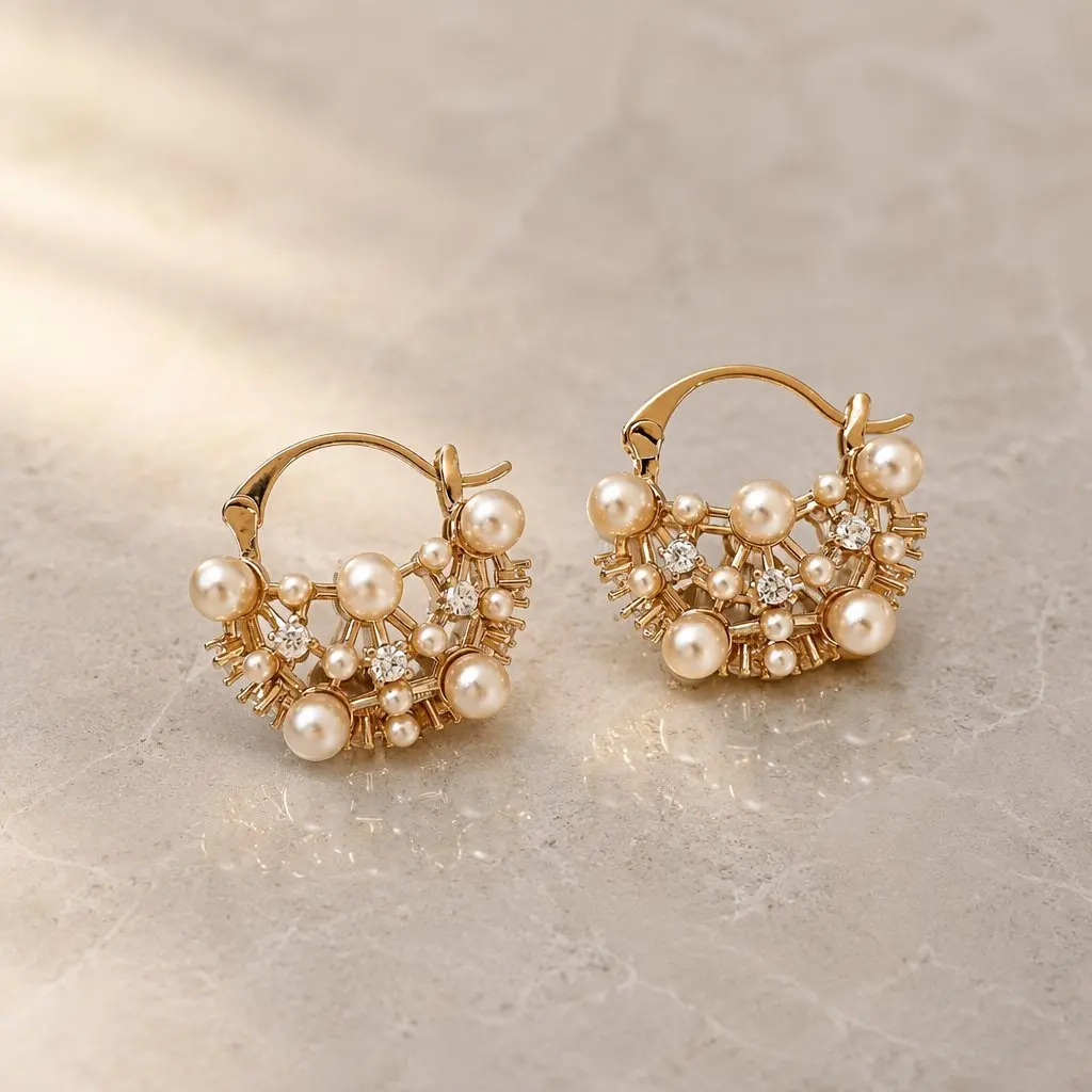 Vintage Luxury Pearl Flower Basket Earrings For Women Exquisite Rhinestone Zircon Ear Clips Wedding Party Statement Jewelry Gift
