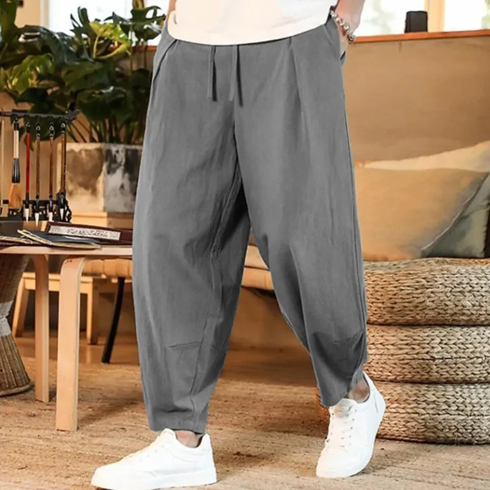 2024 Men\'s Pants Cotton and Linen Male Summer New Pure Color Mens Trousers Loose Baggy Streetwear Plus Size