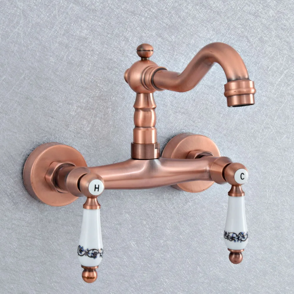 

Antique Red Copper Dual Handle Dual Hole Wall Mounted Swivel Spout Kitchen Sink Faucet Bathroom Basin Cold Hot Water Taps Dsf907