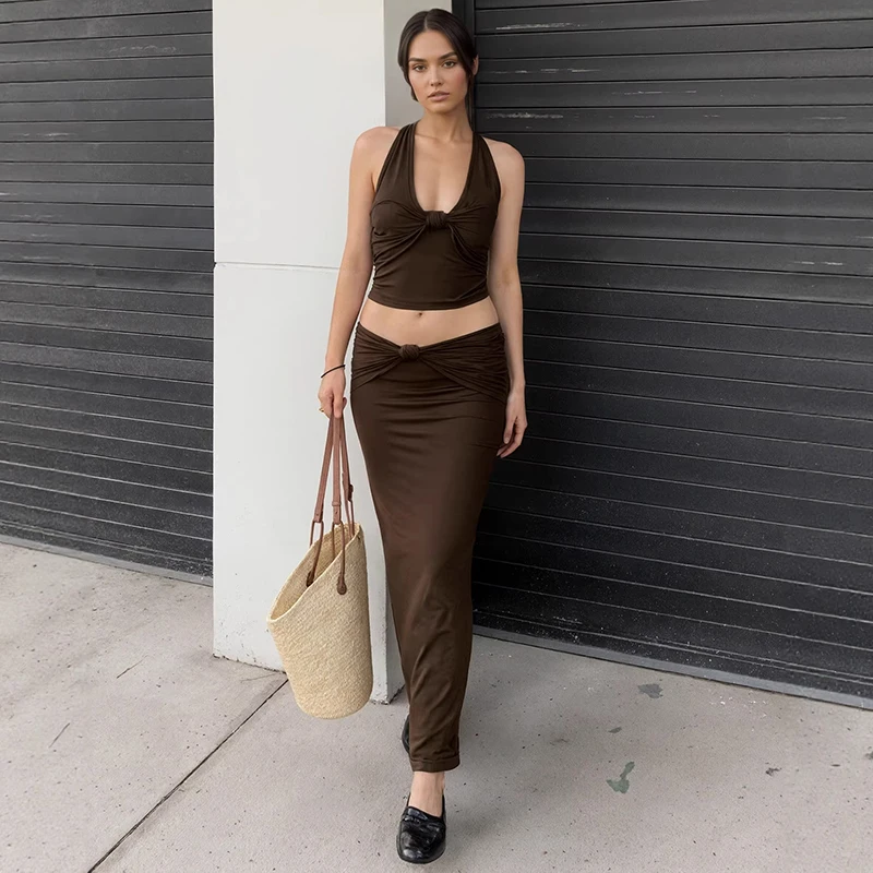 

Typhaland 2026 Summer New Skirt Suit Women's Sleeveless Twist Vest Slim Ruched Skirt High Waist Casual Sexy Skirt 2 Piece Set