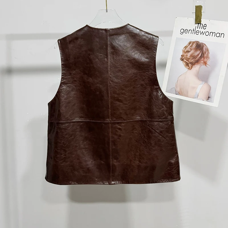 Vintage Oil Wax Leather Vest Autumn Women V-Neck Button Waistcoat Sleeves Jacket Casual Pocket Short Sheepskin Gilet Streetwear