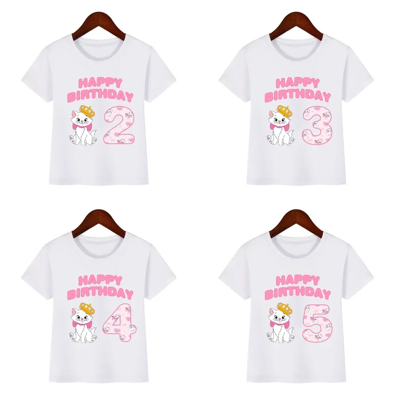 Cute Marie Cat Print Cartoon Girls Clothes 1 2 3 4 5 6 7 8 9 Years Happy Birthday Kids T shirt Baby Boys Children T-Shirt Gift