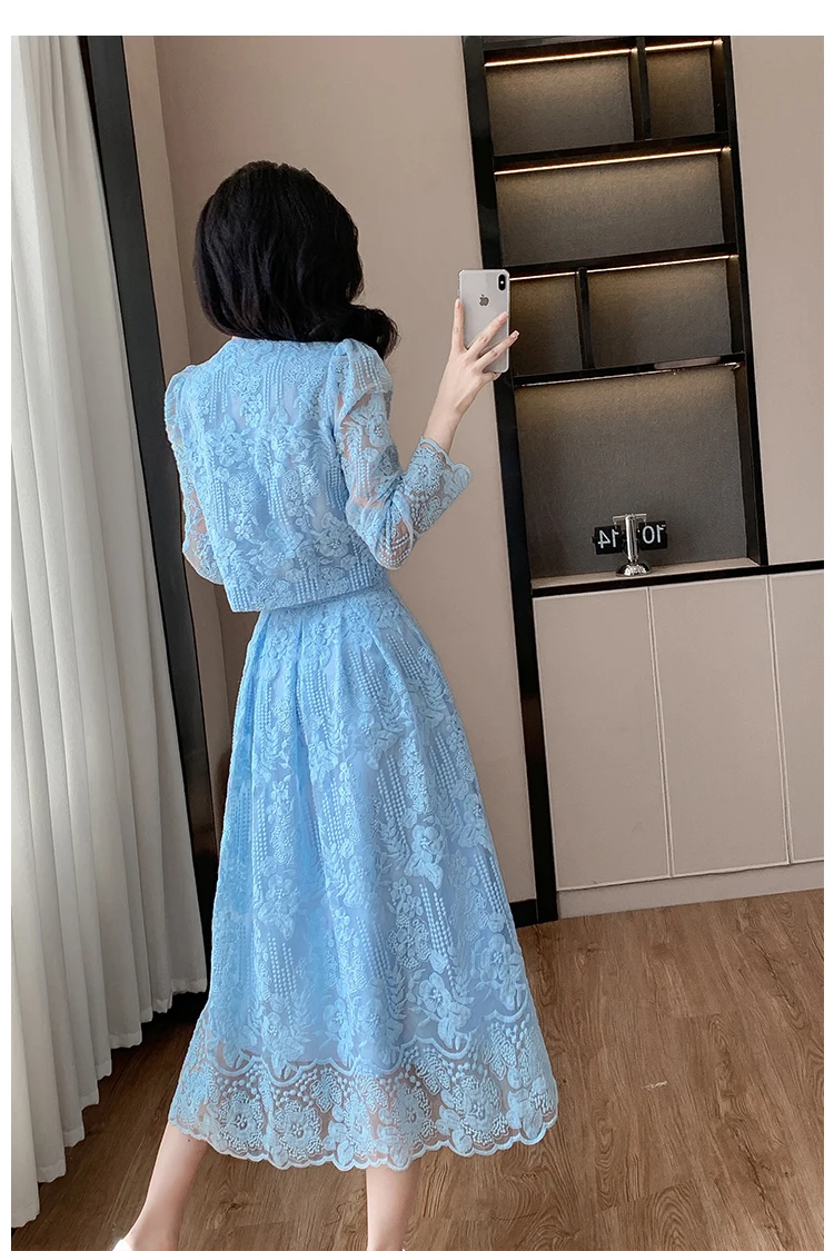New Luxury High Quality Women\'s Two Pieces Set Fashion Lace Embroidery Beading Long Sleeve Shirt Top + A-line Skirt Women\'s Suit