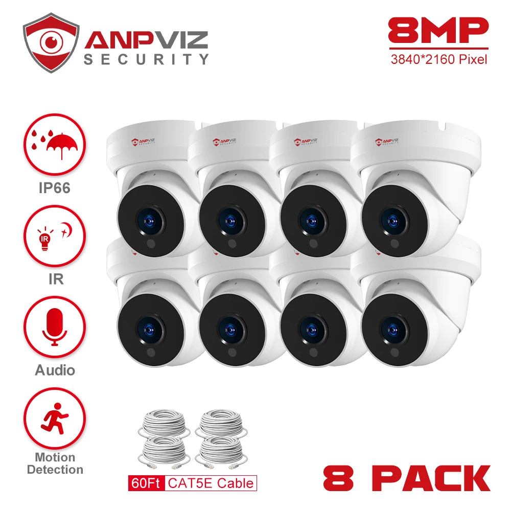 

Anpviz 8MP POE IP Camera 8PCS Outdoor Security Video Surveillance Turret Camera Motion Detection P2P View Danale Built-in Mic