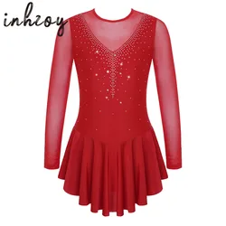 Kids Girl Figure Skating Dress Long Sleeve Key Hole Back Ballet Gymnastics Leotard Rhinestone Ballroom Dance Clothes