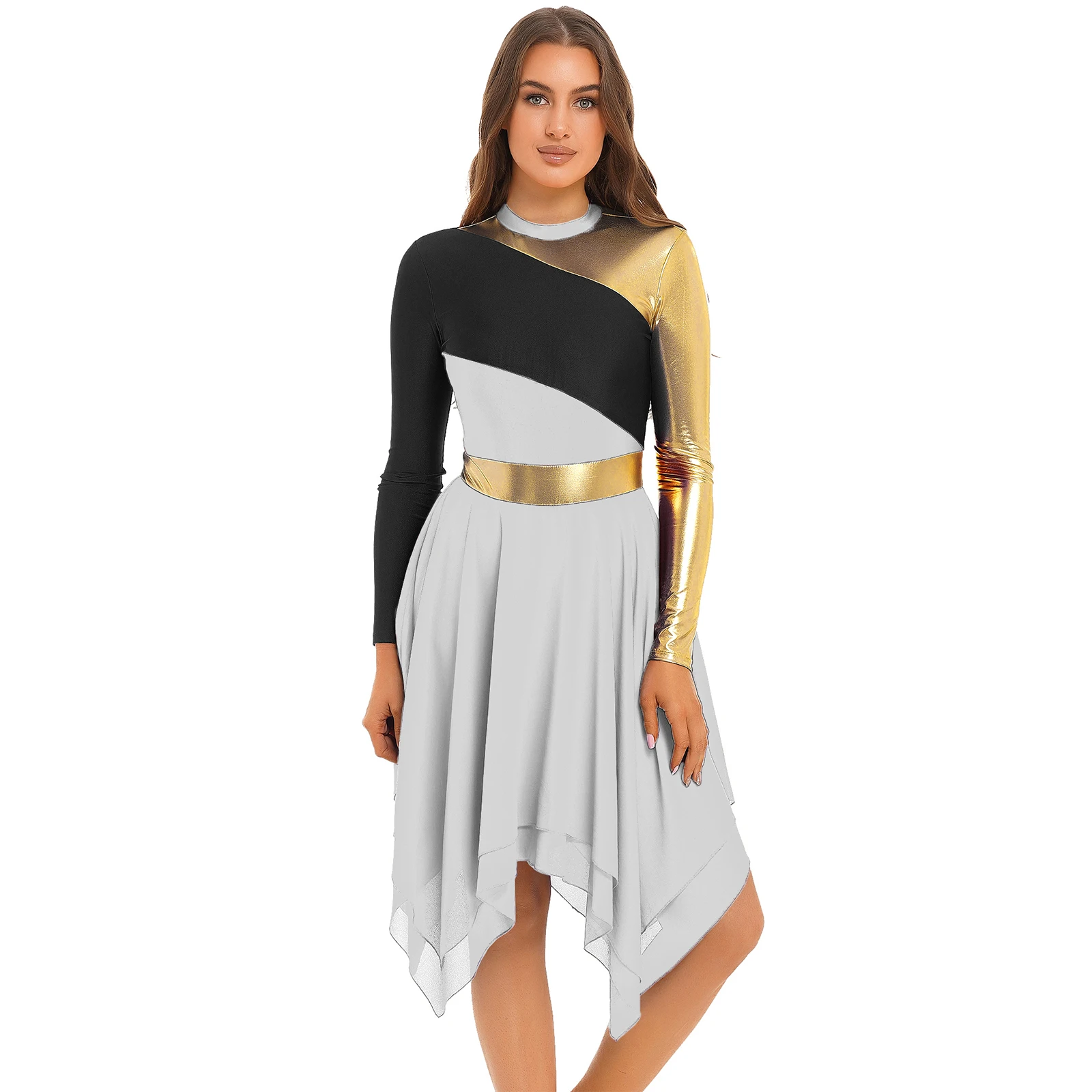 Womens Liturgical Lyrical Modern Dance Costume Long Sleeve Irregular Hem Dress Church Praise Dancewear Dancing Worship Dress