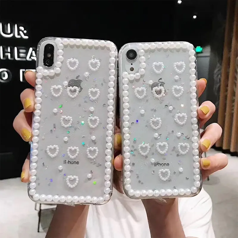 Epoxy Handa Glitter Love Heart Rhinestone Phone Case For iPhone12 13 14 15pro 13promax X XS XR Max 7 8 Plus