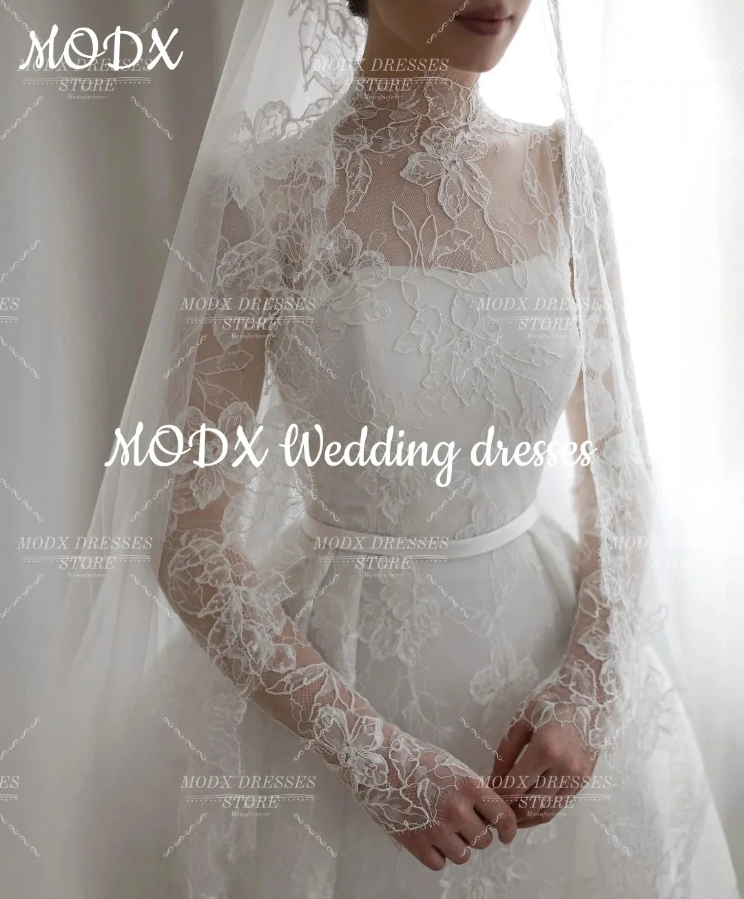 MODX Exquisite Lace Embroideried Wedding Dress High Neck Bridal Gown for Photo shoots Vestidos Novias Boda Women Customized