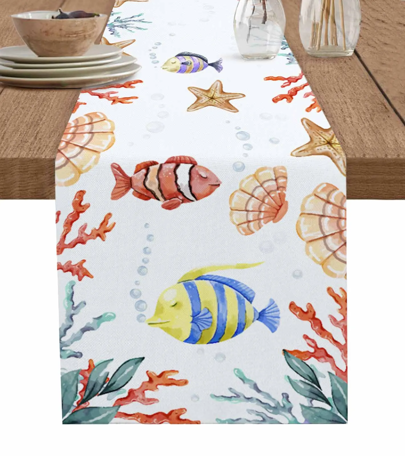 Marine Seabed Coral Starfish Shellfish Seahorses Table Runners For Dining Room Tablecloth 4/6 Pcs Placemats Table Cover