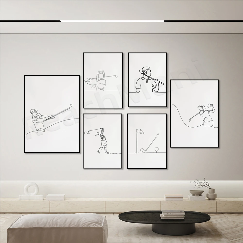 Minimalist golfer, golf bag, golf club line art, player equipment poster, black outline golf sketch canvas, golfer athlete gift