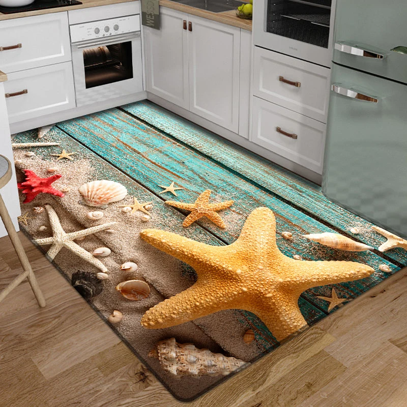 3D Floor Mat Rugs Kitchen Beach Waves Runner Carpet Kitchen Washable Non-slip Living Room Carpet Marine Bath Mat Absorbent