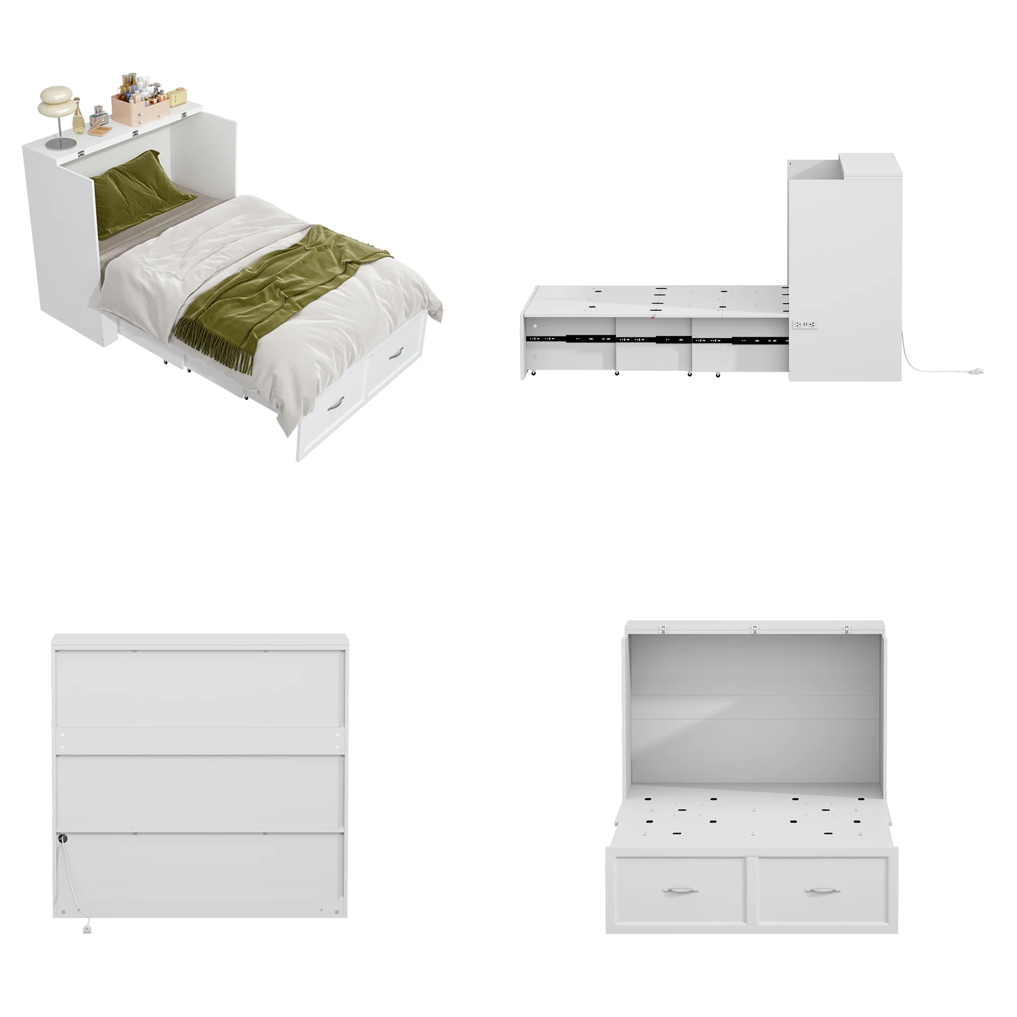 سرير FUFU&GAGA Murphy مع أدراج تخزين، خزانة سرير قابلة للطي 2 في 1 مع شريط طاقة مدمج لغرفة النوم وغرفة الضيوف، أبيض