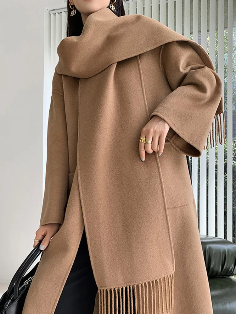 LANMREM Scarf Collar Double Sided Wool Coat Korean Style Medium Long Solid Color Overcoats Female Luxury Clothing 2R9670