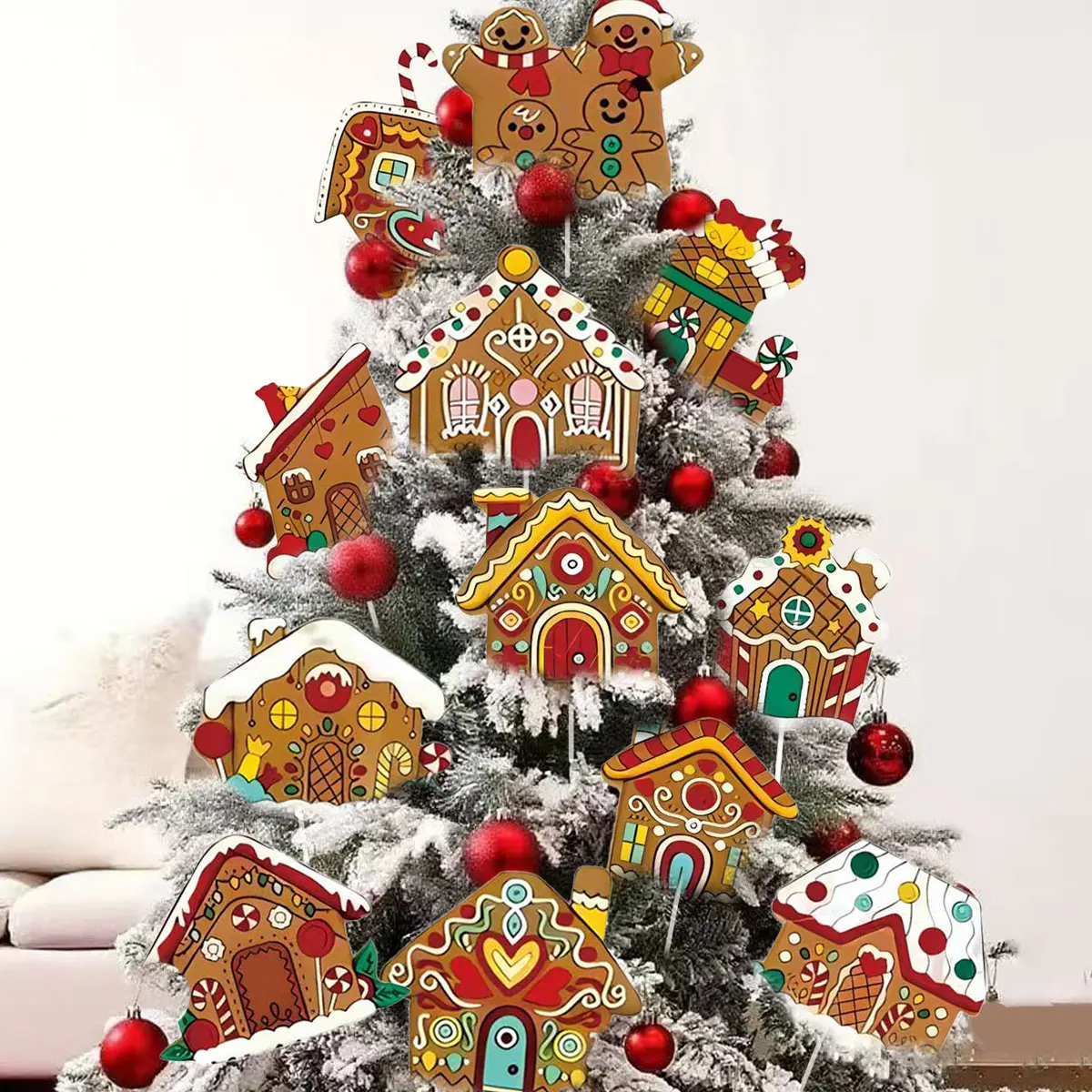 

12 штук пряничного домика, украшение для рождественской елки, пластиковая полая доска с шестом, реквизит для рождественской атмосферы, 2D