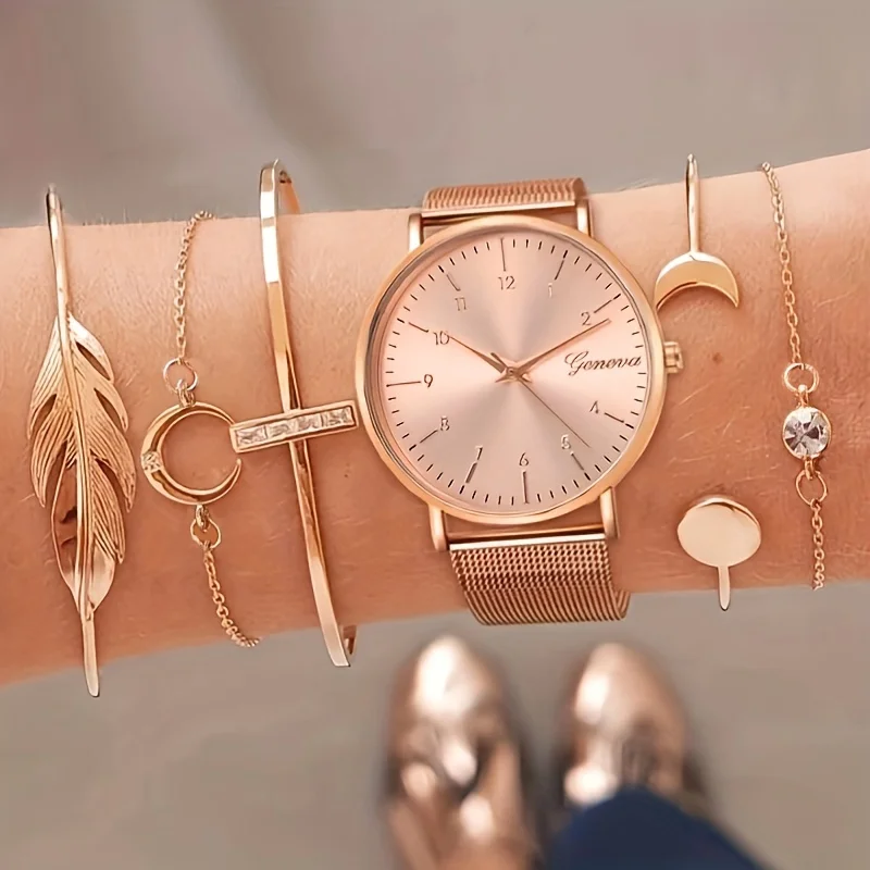 6pcs/set Simple Ladies Quartz Watch + Bracelet 5pcs/set Fancy Women Watches Jewelry Sophisticated And Stylish Women Watch Unique