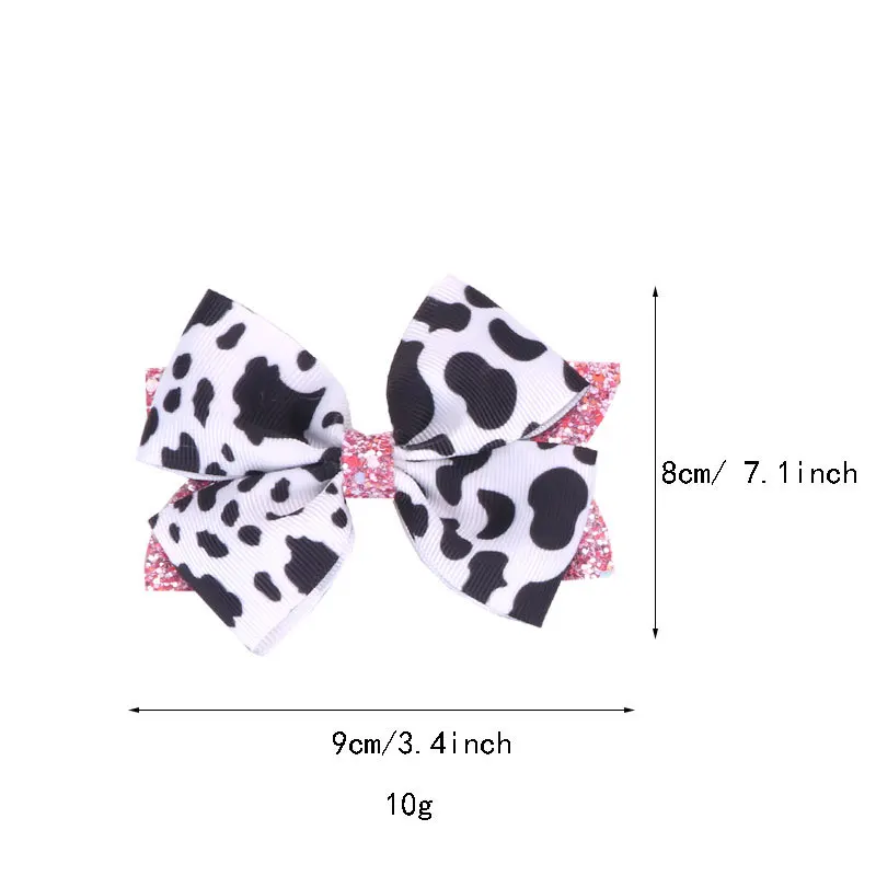 Bowknot 점선 디자인 동물 테마 귀여운 액세서리와 소녀를위한 사랑스러운 암소 인쇄 패브릭 헤어 클립