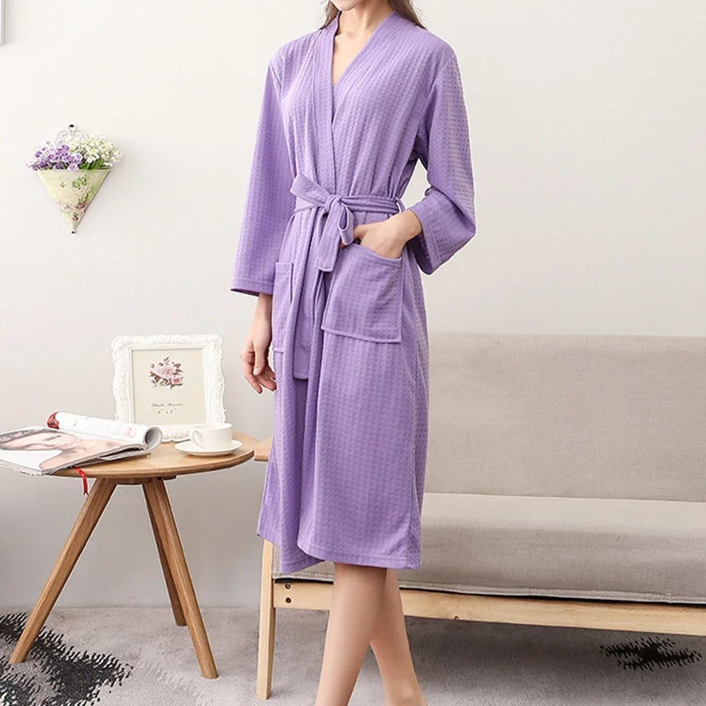 Women Summer Kimono Lovers Bride Sexy Waffle Nightgown Dressing Gown Wedding Peignoir Long Sleeve Suck Water Bathrobe