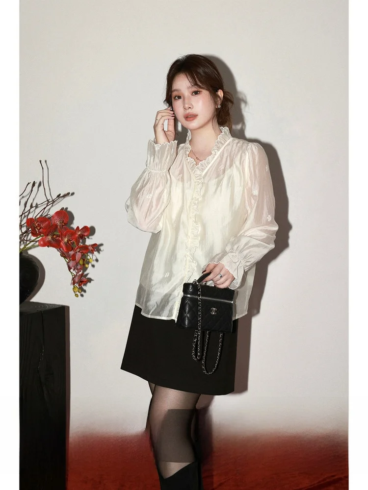 

plus Size Women's irt Ele Sle Straight Cut Long Sve V-Ne Button up Top Ruffle Hem Two-Piece Appearance Casual Wear