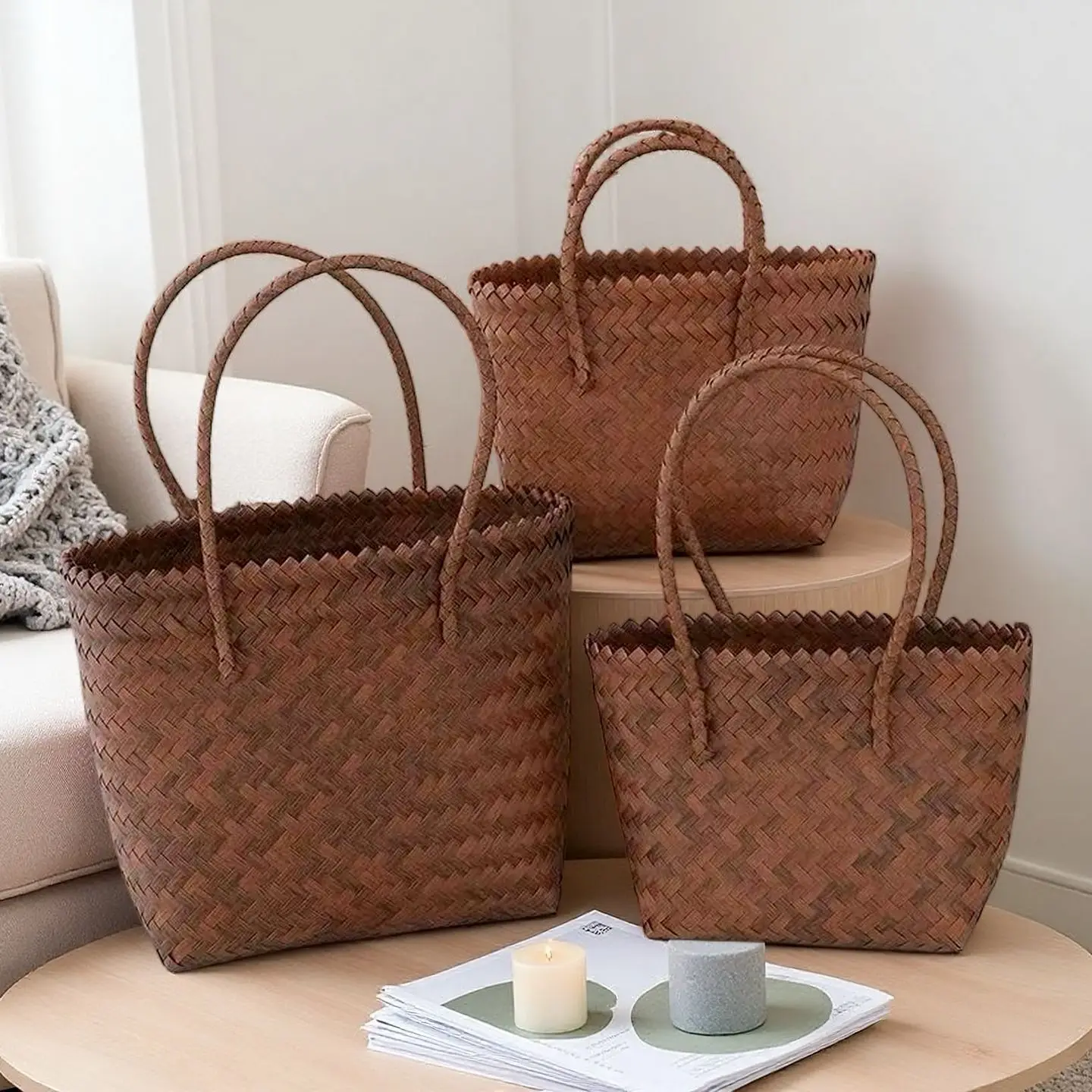 Handwoven Straw Tote Bags Multi Size Natural Woven Basket Bag Handbag with Bamboo Handles for Women Bohemian Beach & Daily Use