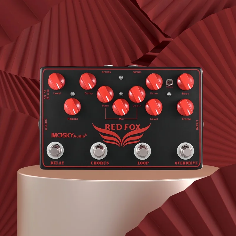 MOSKY Red Fox Multi-Effects Pedal - 4-in-1 Combo with Delay, Chorus, Overdrive & FX Loop, Classic Stompbox for Electric Guitar