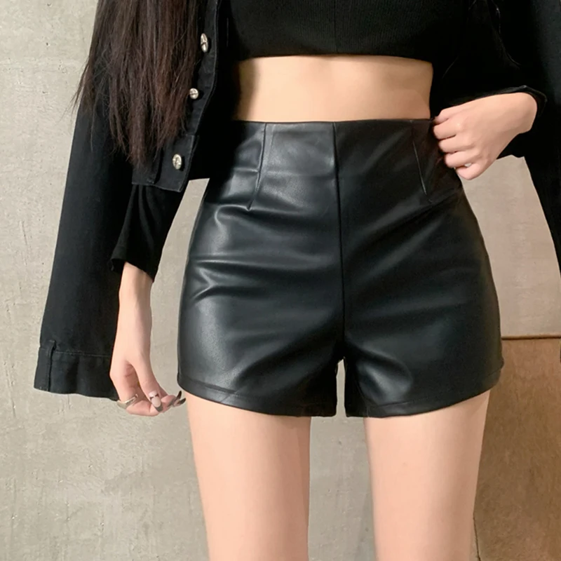 Damen Shorts Sexy Mode Frühling Herbst Schwarz Gerade Bodycon Lederhosen