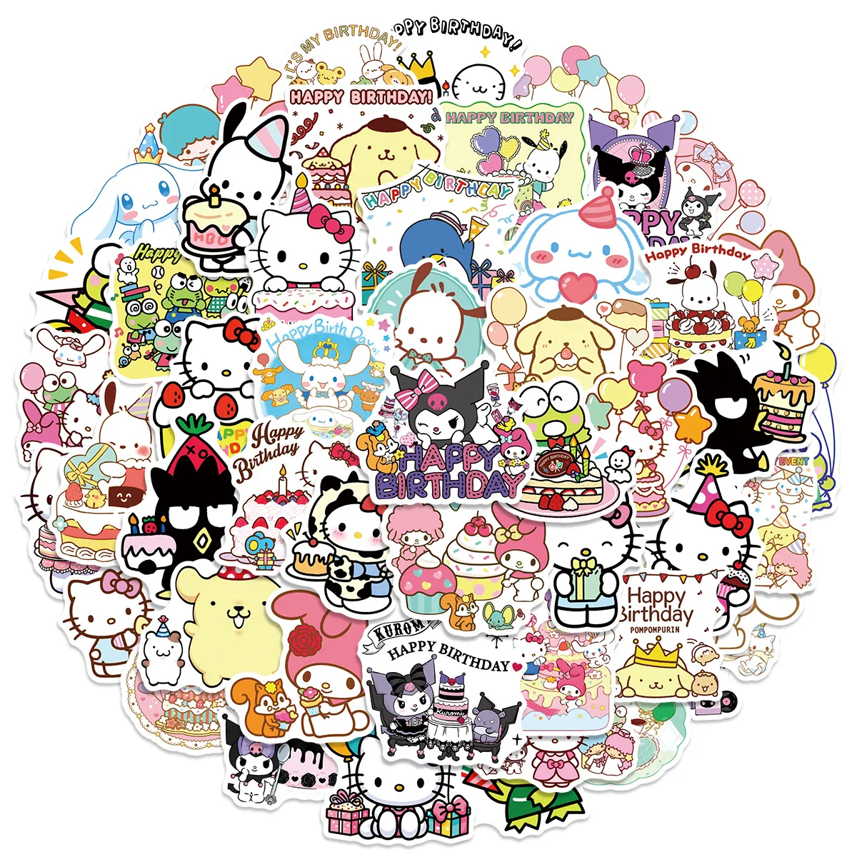 50Pcs 생일 에디션 Sanrio 스티커 생일 파티 선물 상자 기타 스케이트 보드 수하물 장식 방수 스티커