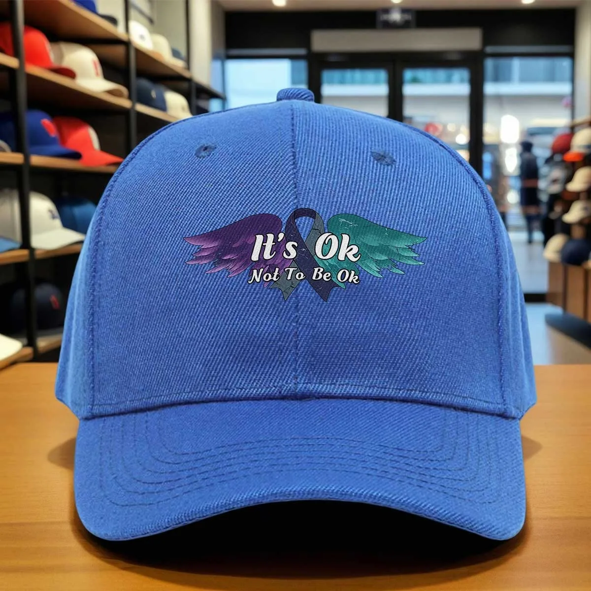 It's Ok Not to Be Ok Baseball Cap with Purple & Teal Wings and Awareness Ribbon, Inspirational Mental Hat, Adjustable Relaxed Fi
