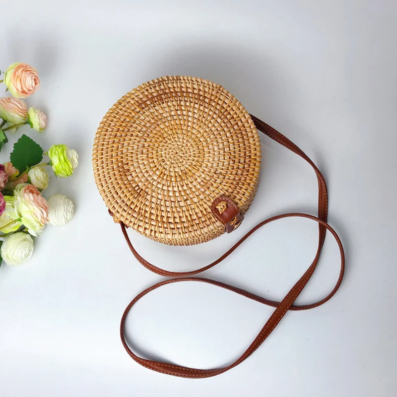 Rattan Woven Women\'S Shoulder Bag Round Straw Beach Bags Female Bohemian Handbag Luxury Designer Handmade Crossbody Bag Bali Box