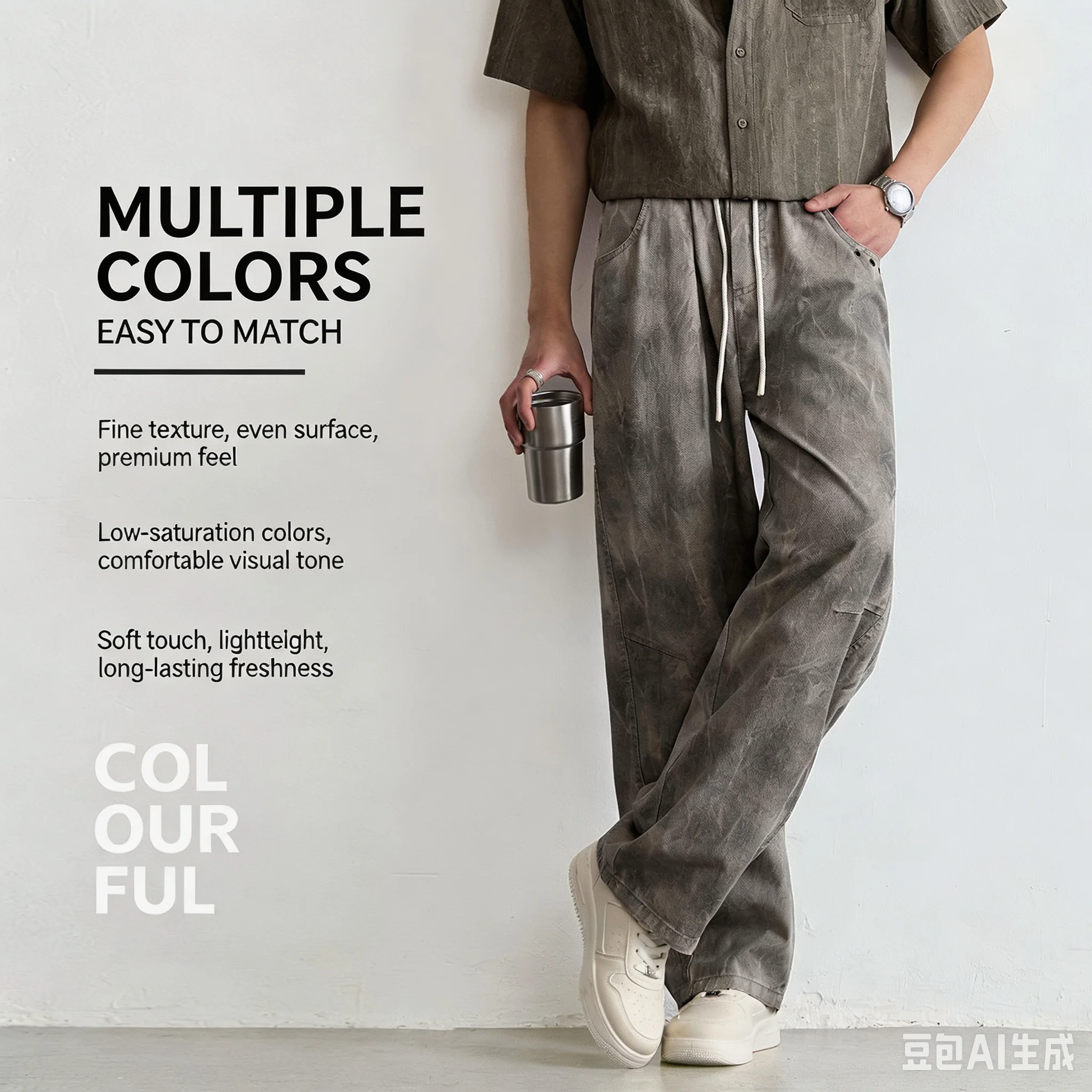 Men Vintage Curved Baggy Cargo Pants Drawstring Elastic Waist Wide Leg Trousers Streetwear Washed Solid Grey Tie Dye Grey Loose