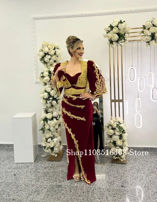 Burgundy Mermaid Elegant Wedding Dress Gold Lace Side-Slit Bridal Gown Customized Traditional Algerian Wedding Dress Arabic Gown