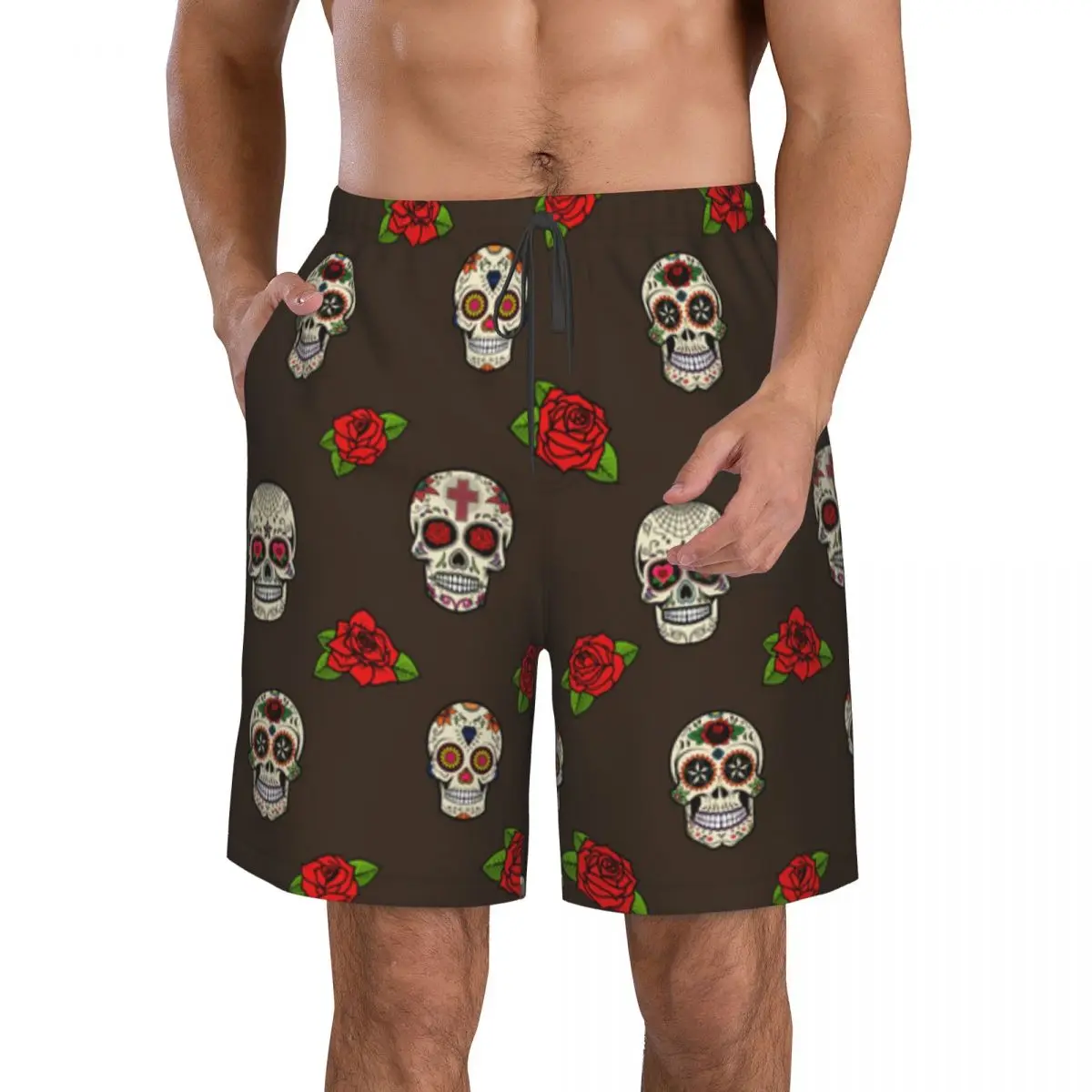 Sugar Skulls And Roses Men Swimsuit Swimming Trunks Boxer Swim Beach Quick Dry Swimming Shorts