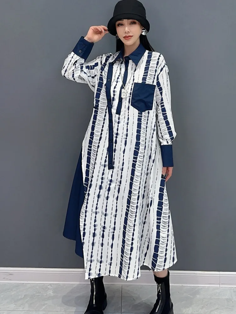 SHENGPALAE 2024 Summer New Fashion Loose Long Sleeved Shirt Dress For Women Color Block Korean Chic Female Dresses Robe  5C1071