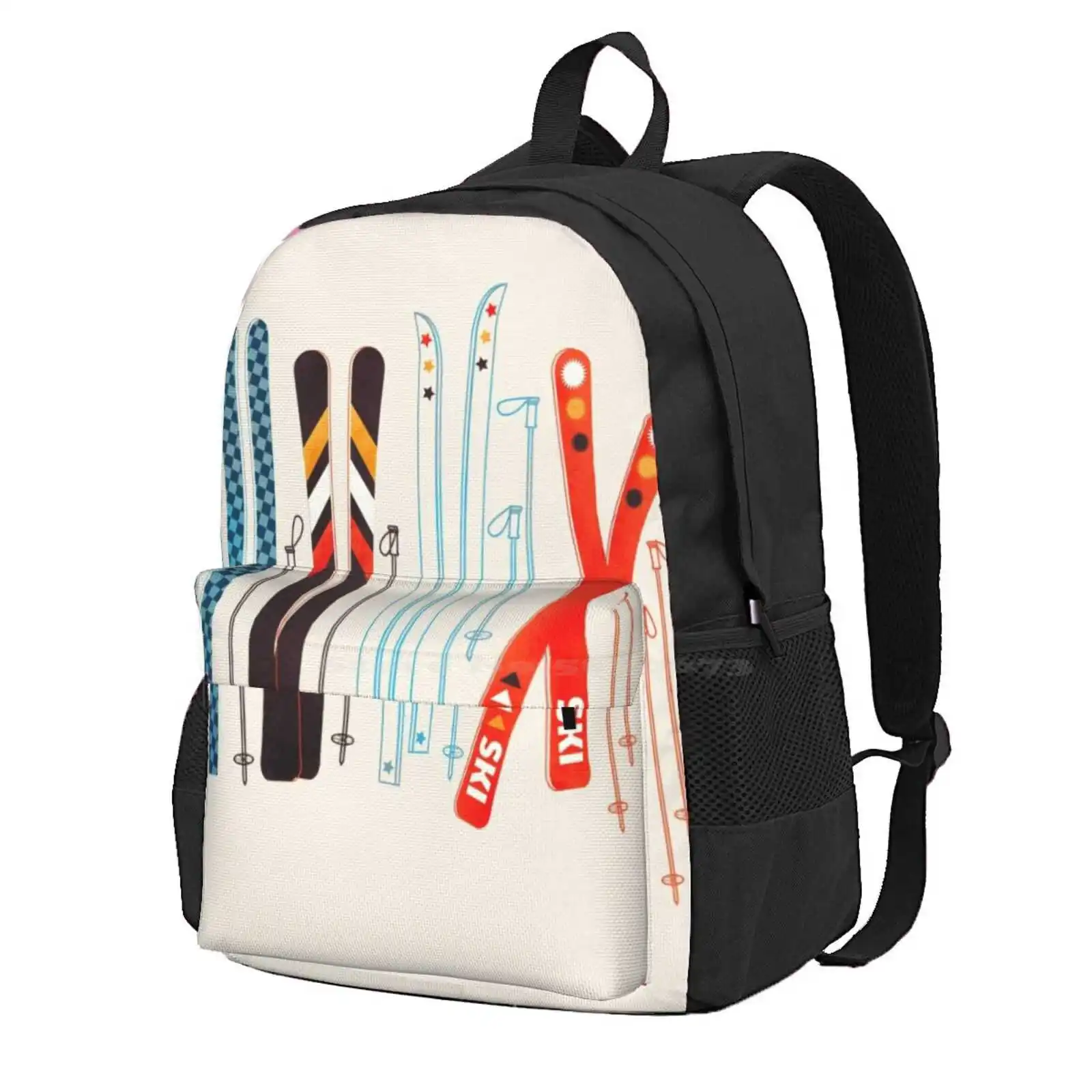 Colorful Retro Ski Illustration Hot Sale Schoolbag Backpack Fashion Bags Colorful Skiing Skier Ski Instructor Ski School Aspen