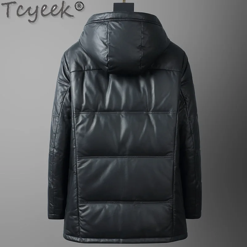 Tcyeek Genuine Leather Jacket Men Hooded Winter Jackets Warm Goose Down Coat Mens Clothing Mid-length Top Layer Cowhide Coats