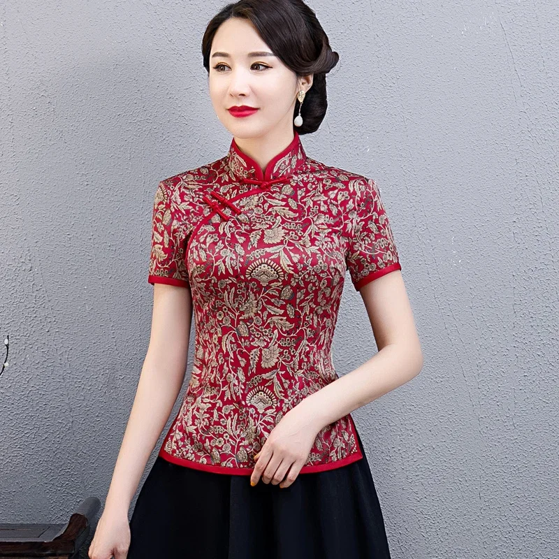 Plus Size Vintage Women Shirt M-5XL Chinese Style Cheongsam Blouse Summer Qipao Dress Mandarin Collar Gown Lady Clothing Vestido