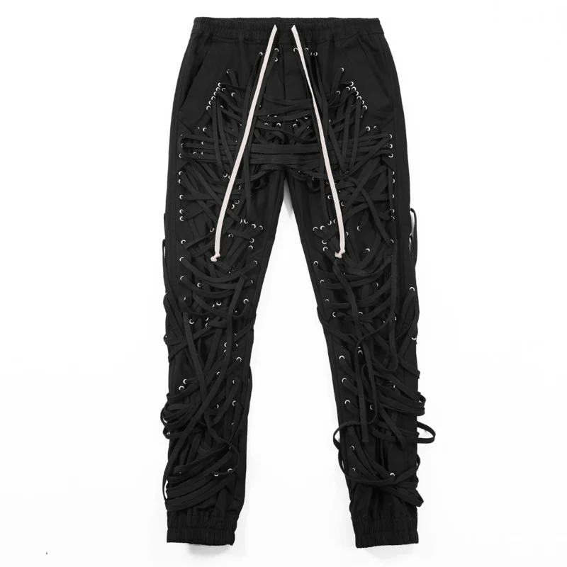 2022 Spring New Niche Patchwork Strings Bandage Trouser High Waist Casual Slim Drawstring Long Pants Streetwear Fashion