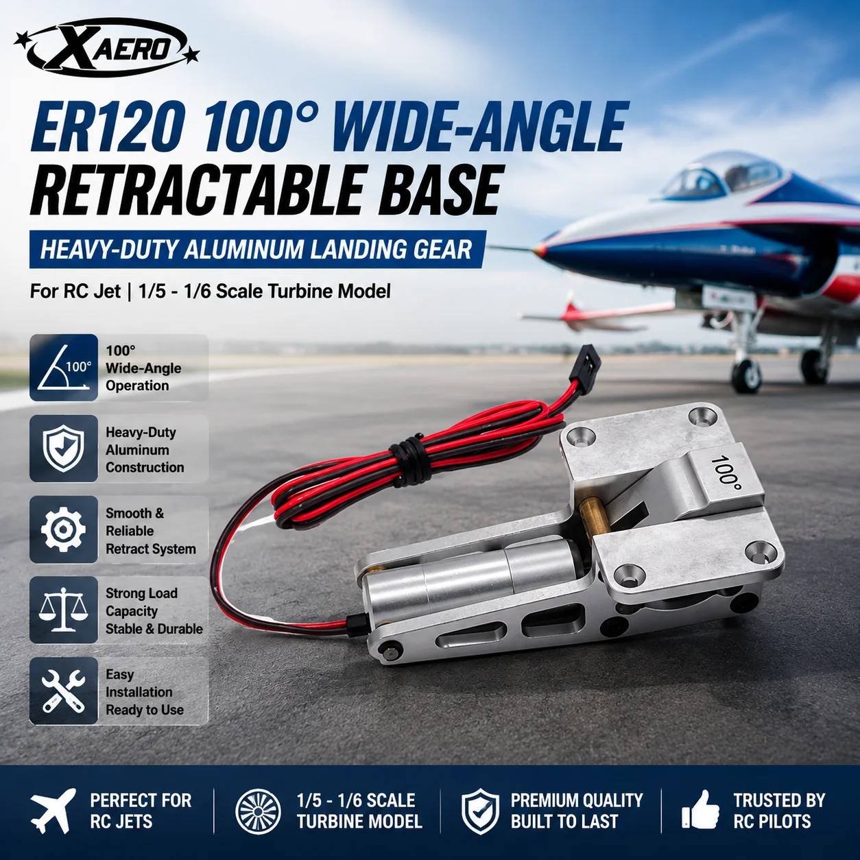XAERO ER120 100° Wide-Angle Retractable Base, Heavy-Duty Aluminum Landing Gear for RC Jet, 1/5-1/6 Scale Turbine Model