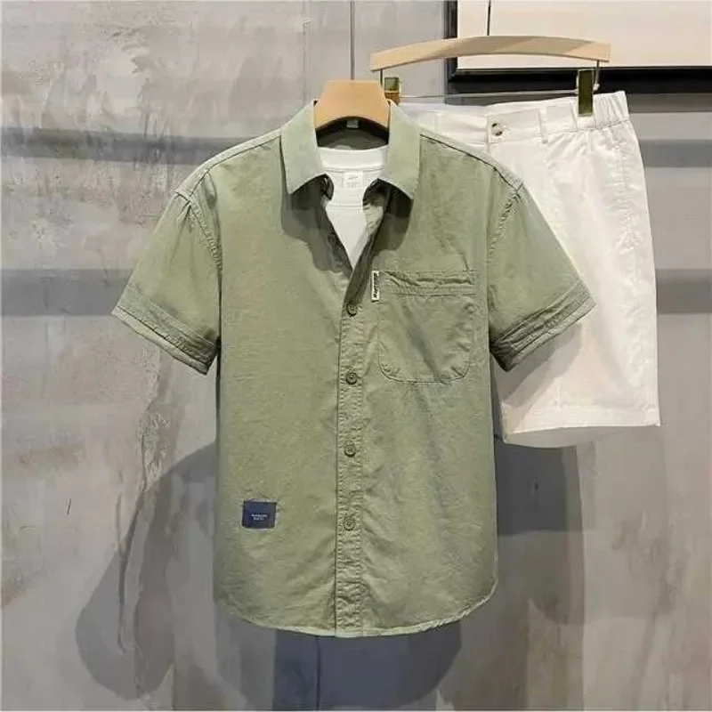 

Man Shirt Plain with Pocket Short Sleeve Green Tops Cheap Brand Casual Button Up High Quality Luxury Cotton Silk Shirts for Men