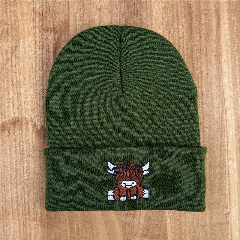 Unisex-Mütze mit Highland-Kuh-Stickerei, weiche warme Strickmütze für den Herbst und Winter – Detail 13
