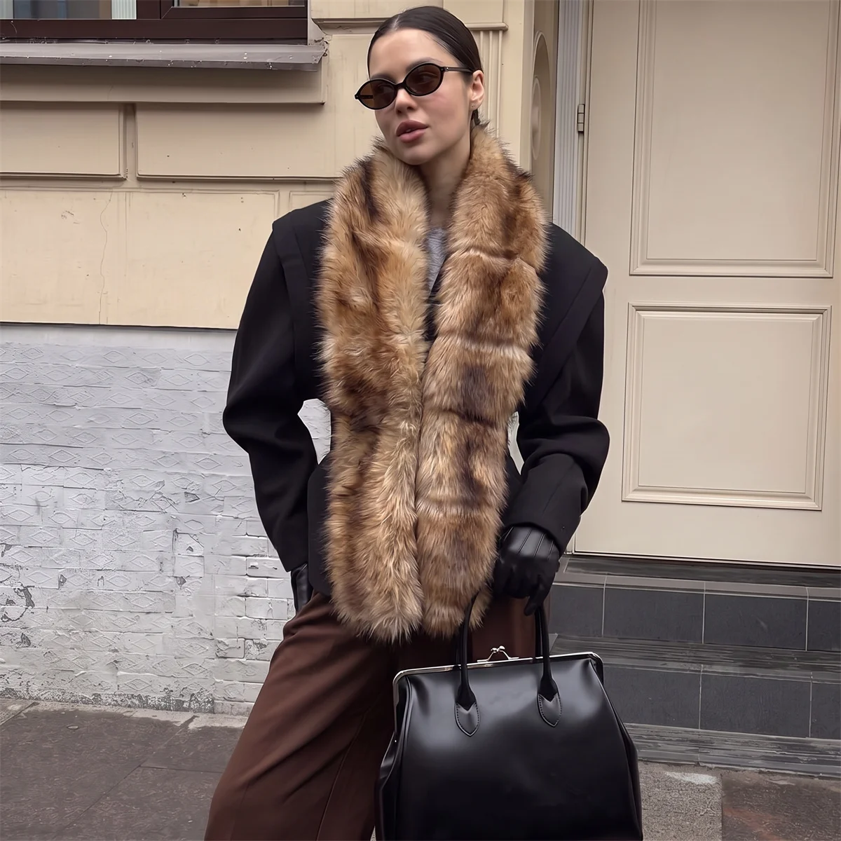 Women Faux Fox Fur Scarf Luxury Fluffy Plaid Stripe Neck Wrap Winter Warm Faux Fur Collar for Overcoat Streetwear Festival Gift