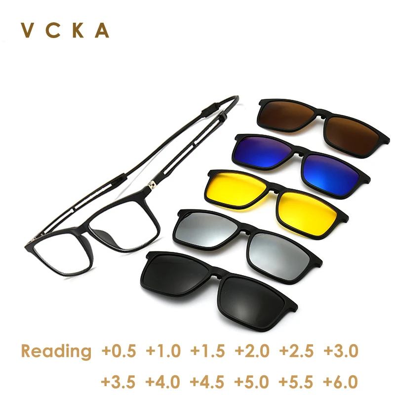 VCKA Reading Prescription Glasses Magnetic Sunglasses Square 5+1Clip Sports Men Women Driver Hanging Neck Eyewear +0.5 to +10