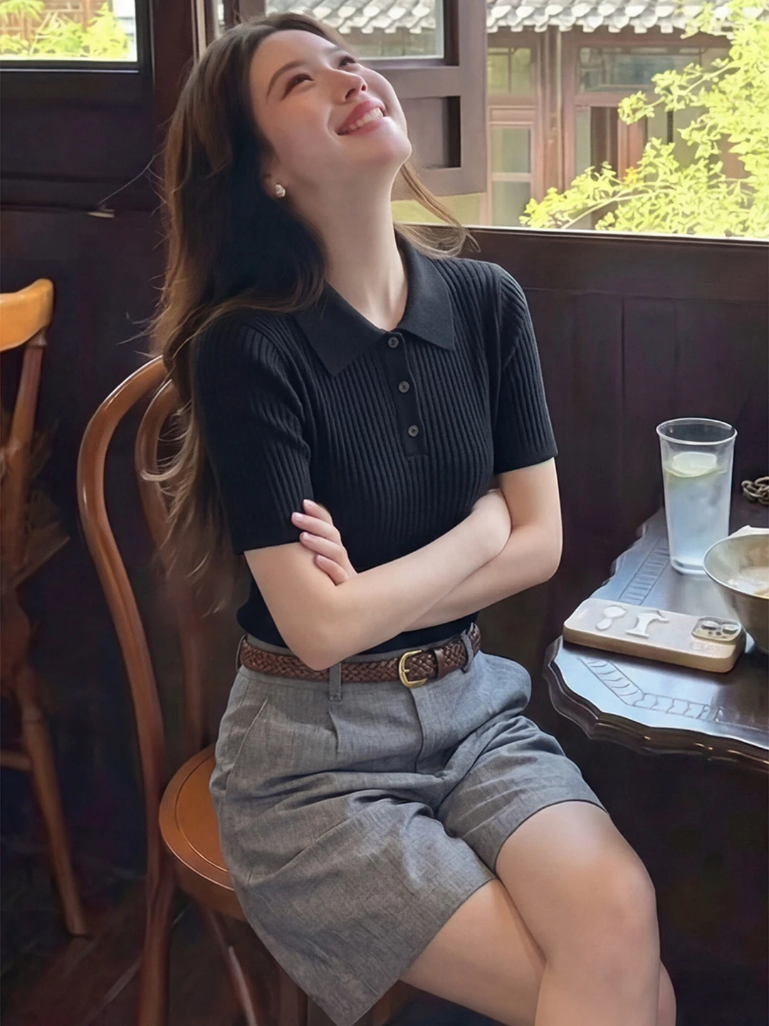 

Summer Unique Beautiful Black Neck Top And Short Shorts Two-Piece Set for Women Age-Defying Fashionable Cotton T-Shirt