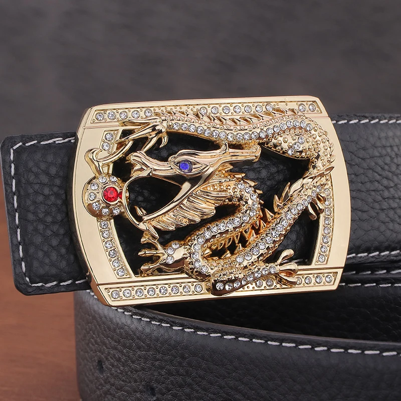 Hebilla lisa de dragón chino para hombre, cinturón de cuero genuino, diseño de lujo, Ceinture de alta calidad