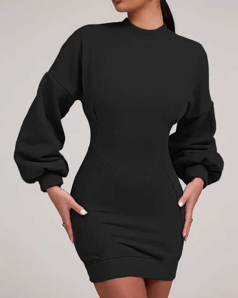 Casual Bodycon Mini Dress Women  Autumn Fashion Solid Slim Long Sleeve Short Dresses Elegant Sexy Ladies Robes Femme