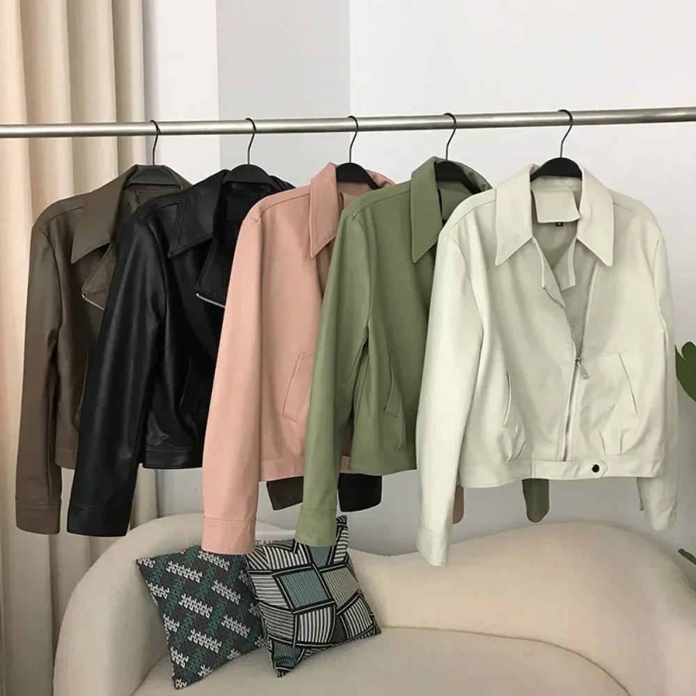 Motorcycle PU Leather Jackets Stand Collar Coats Zipper  Women 2023 Autumn Street Long Sleeve Cropped Coat New in Outerwears