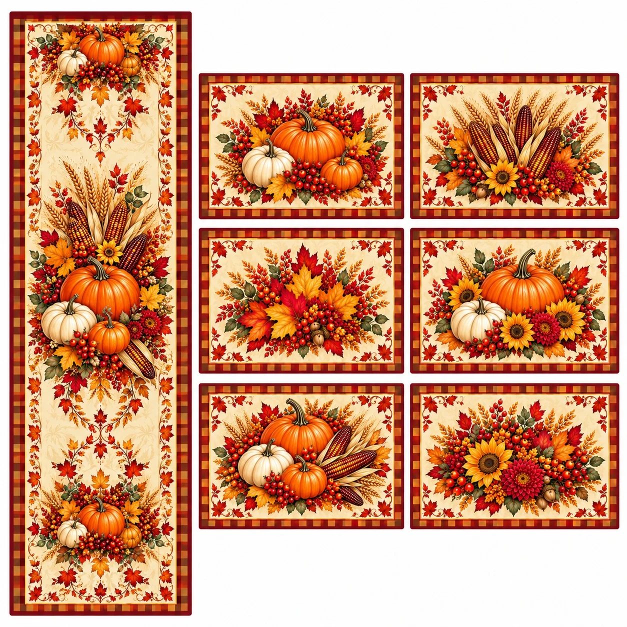 7Pcs Fall Pumpkin Table Runner Placemats Set Autumn Harvest Corn Sunflower Thanksgiving Farmhouse Dining Decor