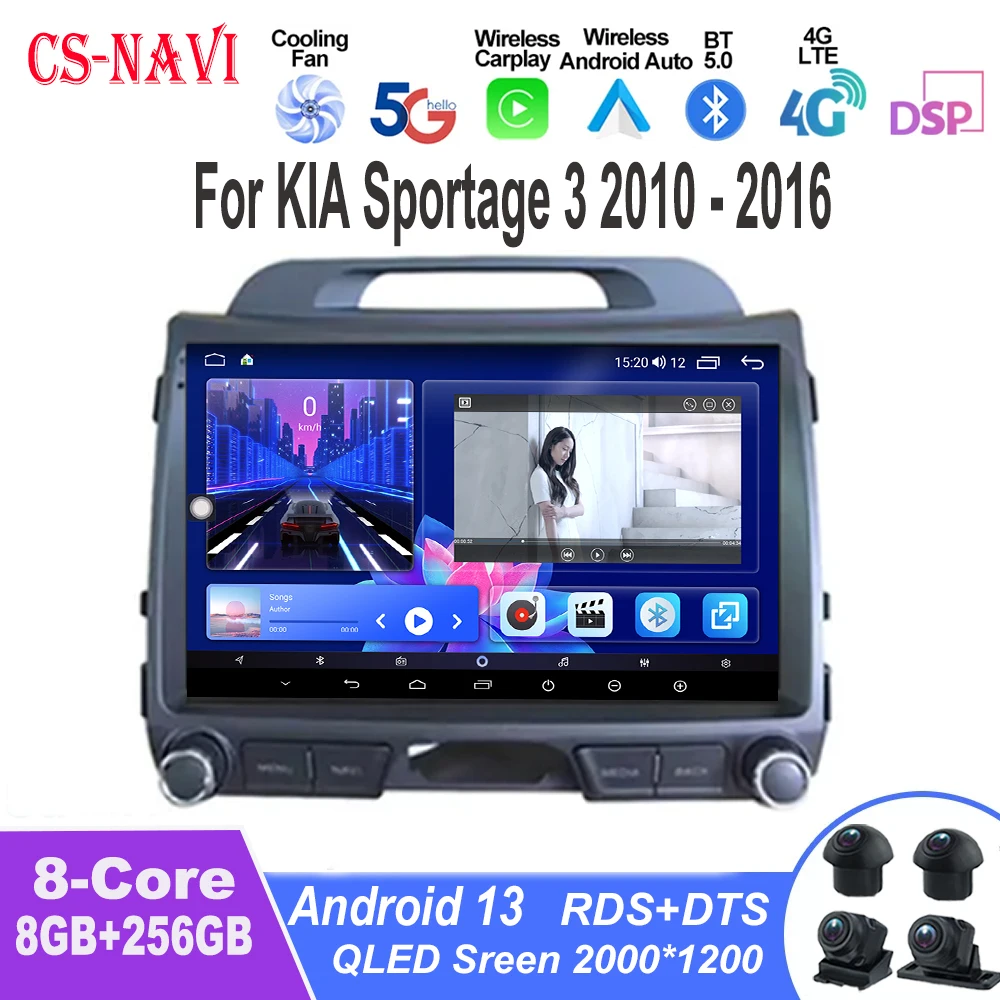 

For KIA Sportage 3 2010 2011-2016 Stereo BT Car Multimedia Player Navigation 9Inch QLED TouchScreen Wireless Carplay Android 13