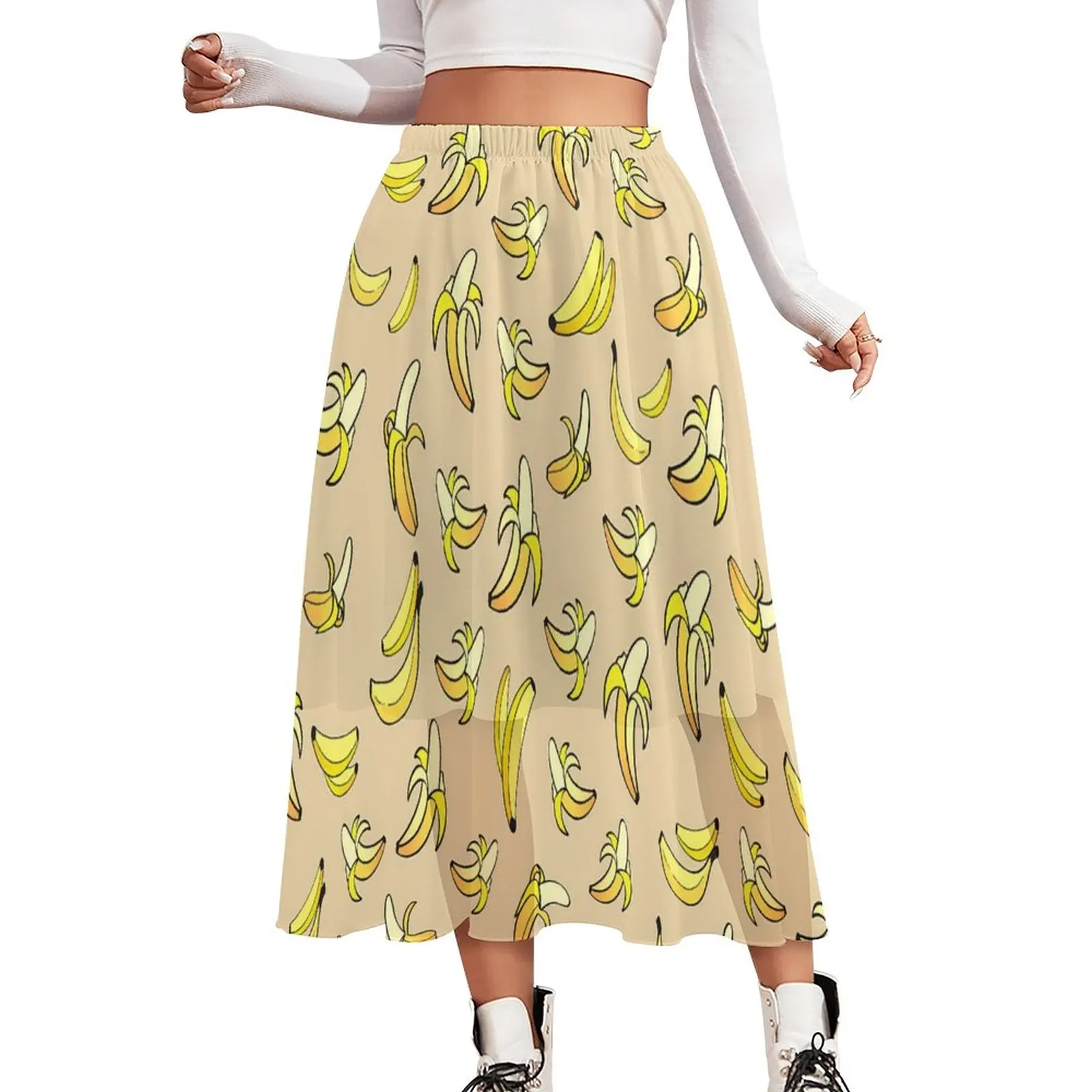 Yellow Banana Chiffon Skirt Fruits Print Street Fashion Casual Skirts Women Vintage A-line Skirt Printed Clothing Gift Idea